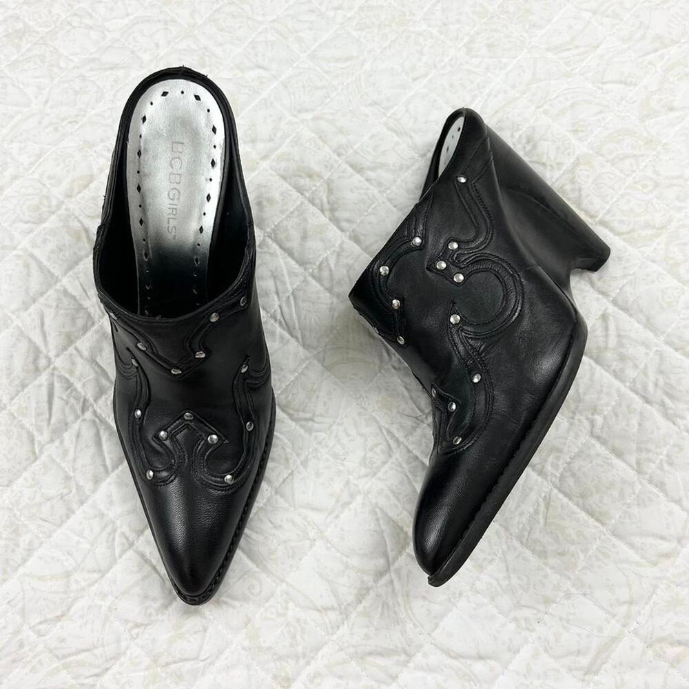 BCBGirls Black Western Wedge Mules Pointed Toe Leather